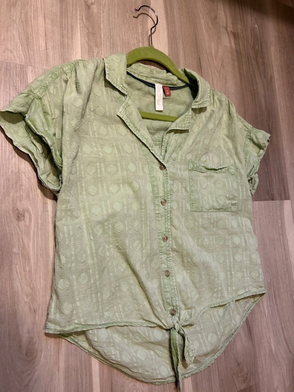 Pilcro Anthropologie Light Green Button Front Textured Tie-Hem Top